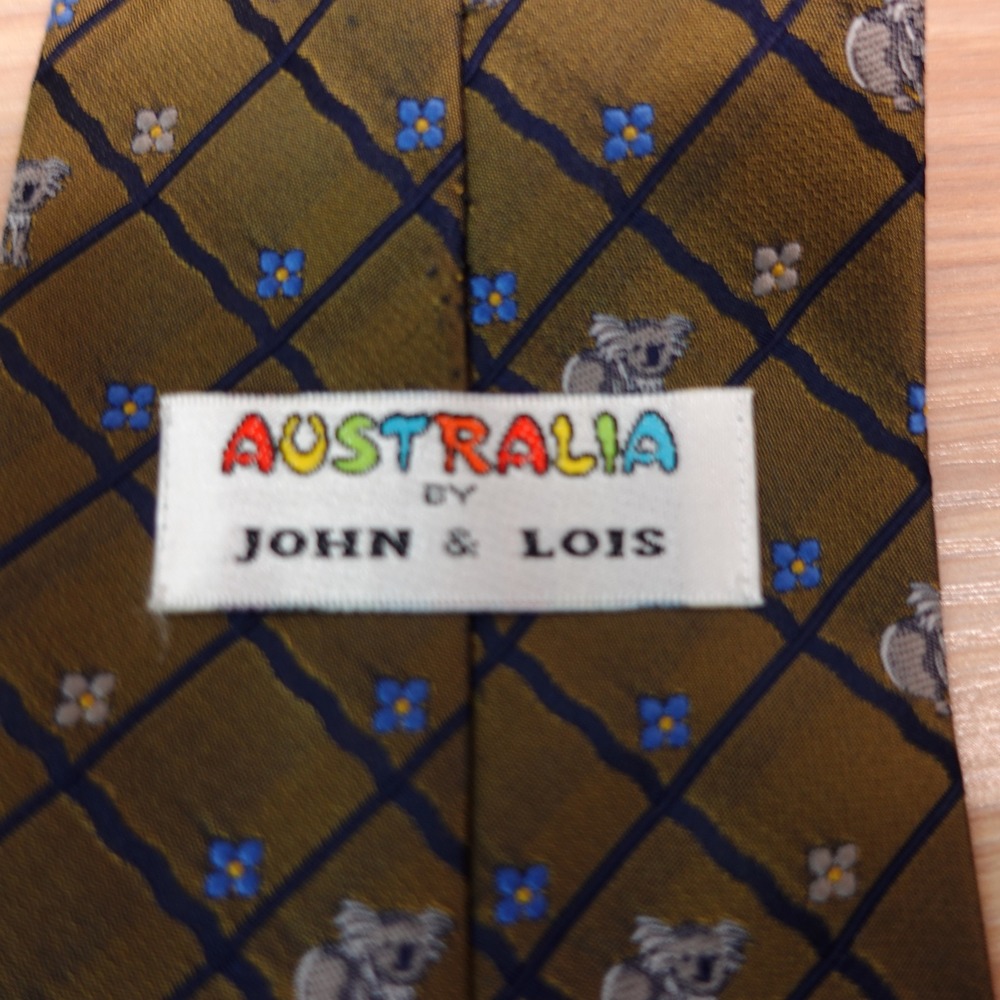 Koala Green Neck Tie Mens Olive Grid Lattice Florette Bear JOHN LOIS Australia - Picture 4 of 12